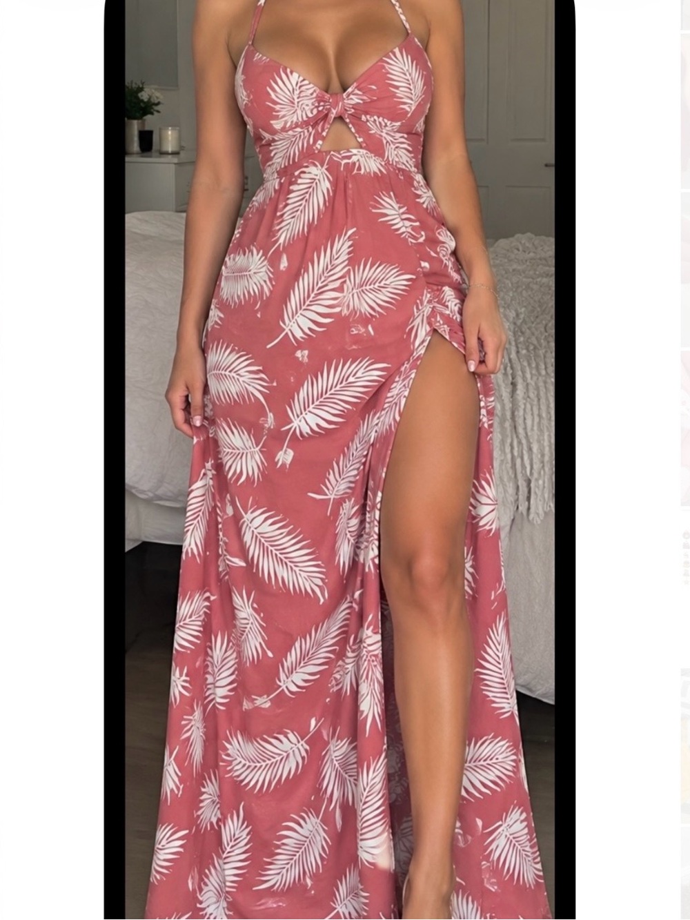 SHEIN Pink Palm-Print Cutout Halter Maxi Dress with High Slit